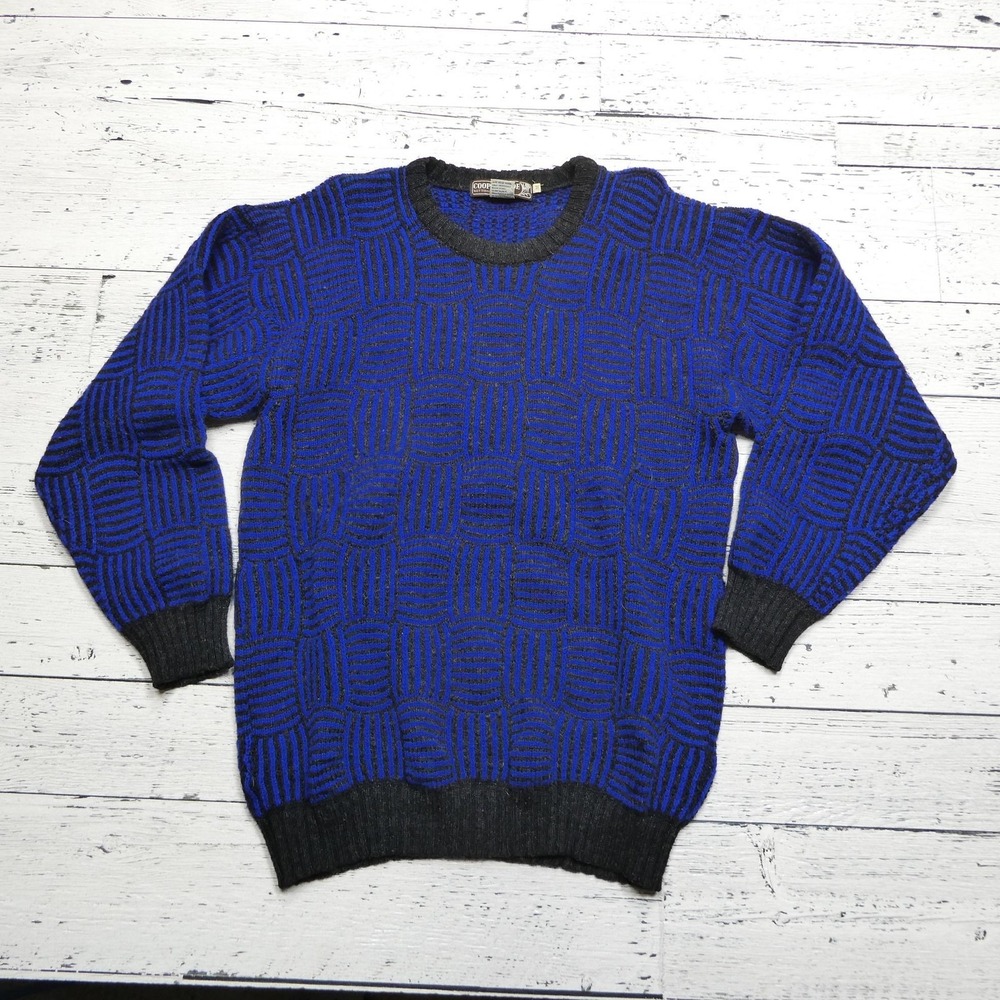 Vintage Cooper & Roe Sweater Womens Medium Blue Black Wool Made in England 90s‎